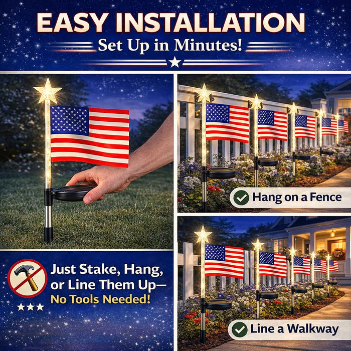 Patriotic Solar American Flag Lights - 100% Wireless Outdoor Pathway Decor (8 Pack)