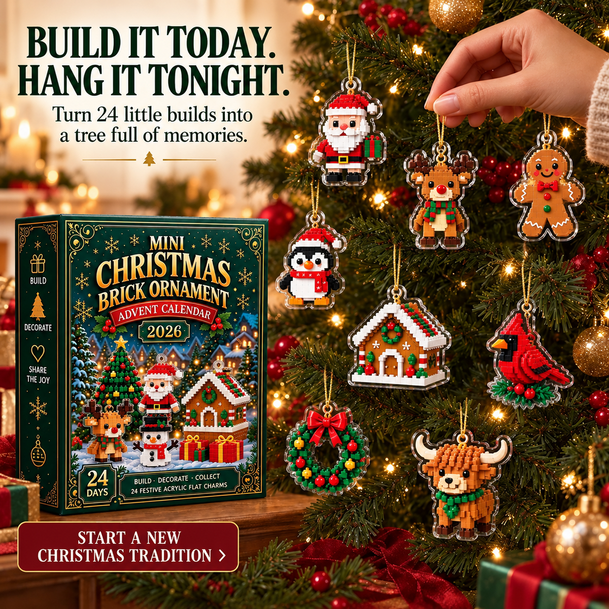 ⏳ Last day to save 49% – 🎄 24-Day Mini Christmas Ornament Advent Calendar | 24 unique festive buildable designs🧱