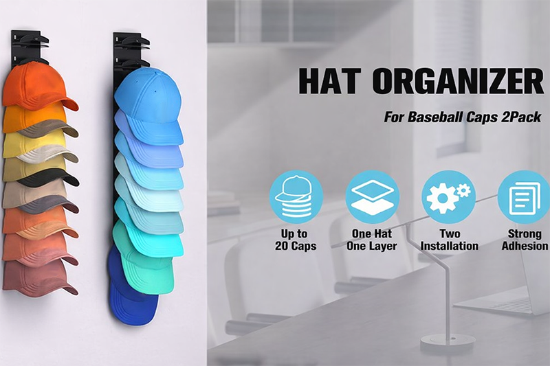 No-Drill Wall Mounted Hat Organizer for Baseball Caps