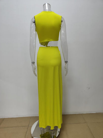 Cut-Out Knot V-Neck Sleeveless Pleated Asymmetrical Slit Dress