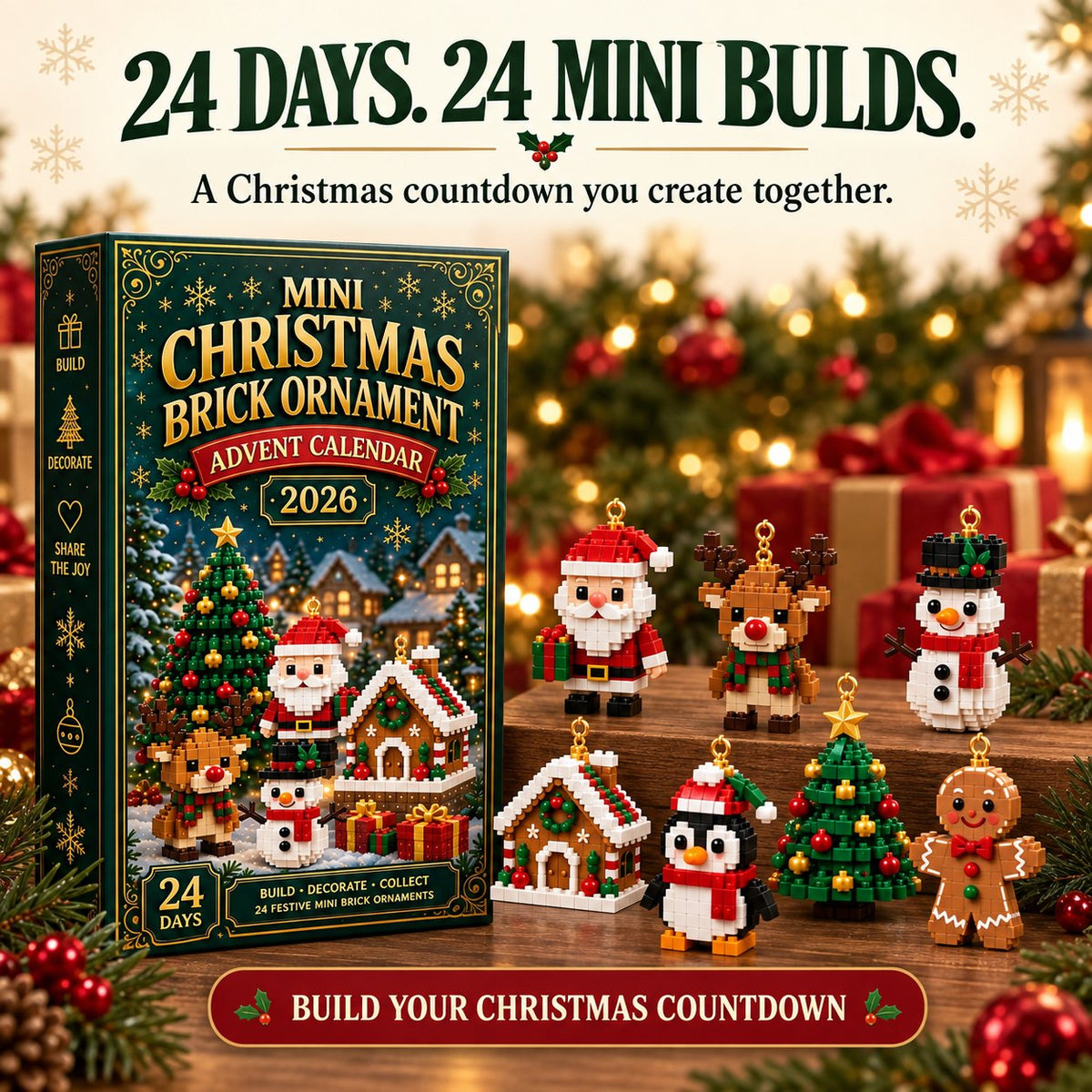 ⏳ Last day to save 49% – 🎄 24-Day Mini Christmas Ornament Advent Calendar | 24 unique festive buildable designs🧱