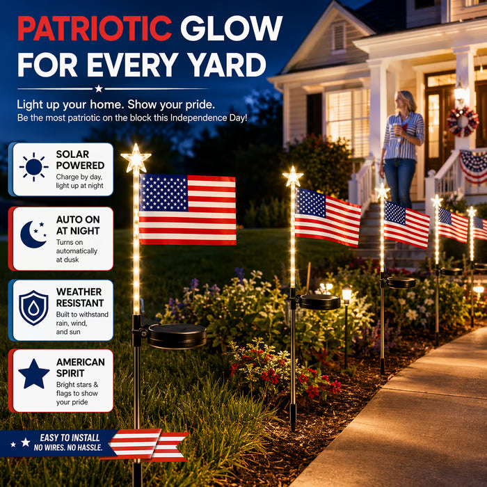Patriotic Solar American Flag Lights - 100% Wireless Outdoor Pathway Decor (8 Pack)
