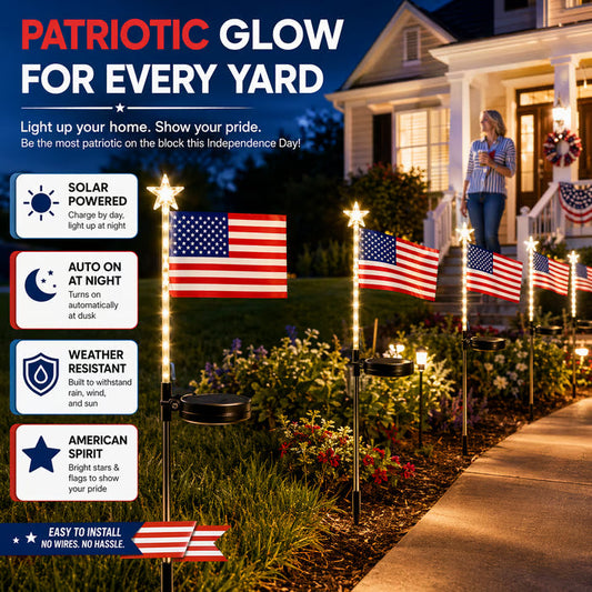 Patriotic Solar American Flag Lights - 100% Wireless Outdoor Pathway Decor (8 Pack)