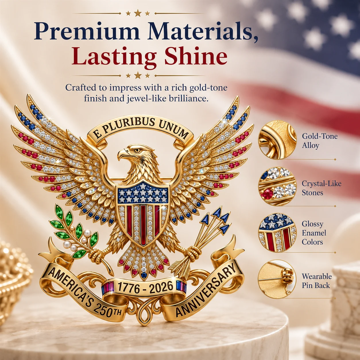 🇺🇸 America’s 250th Anniversary Eagle Brooch Pin – 1776–2026 Patriotic Keepsake Gift-Box Edition
