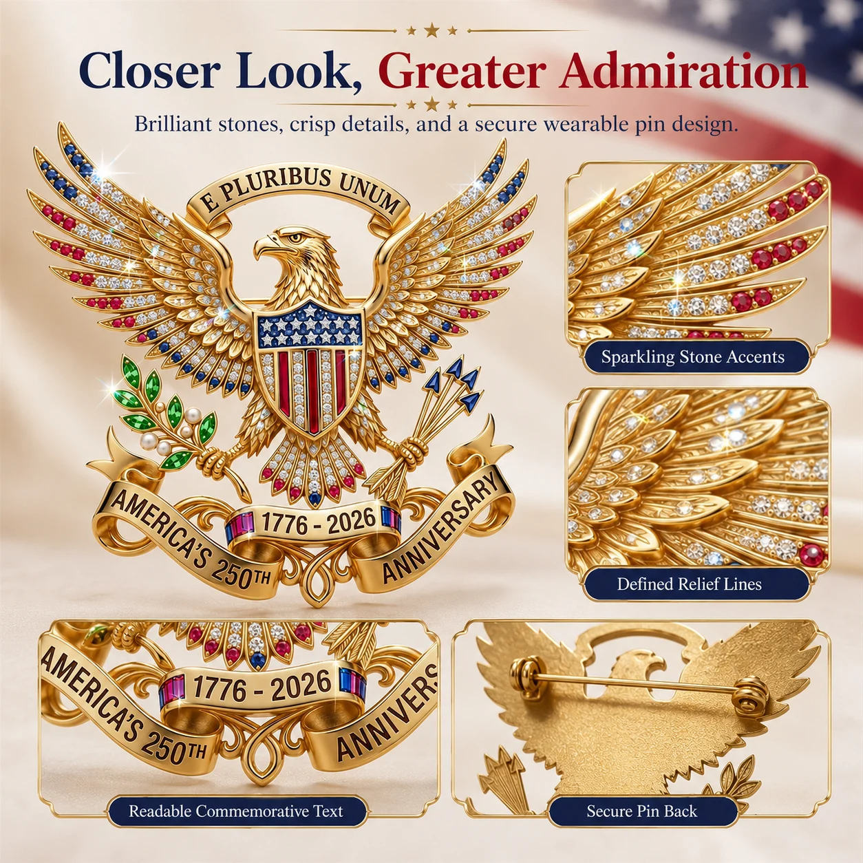 🇺🇸 America’s 250th Anniversary Eagle Brooch Pin – 1776–2026 Patriotic Keepsake Gift-Box Edition