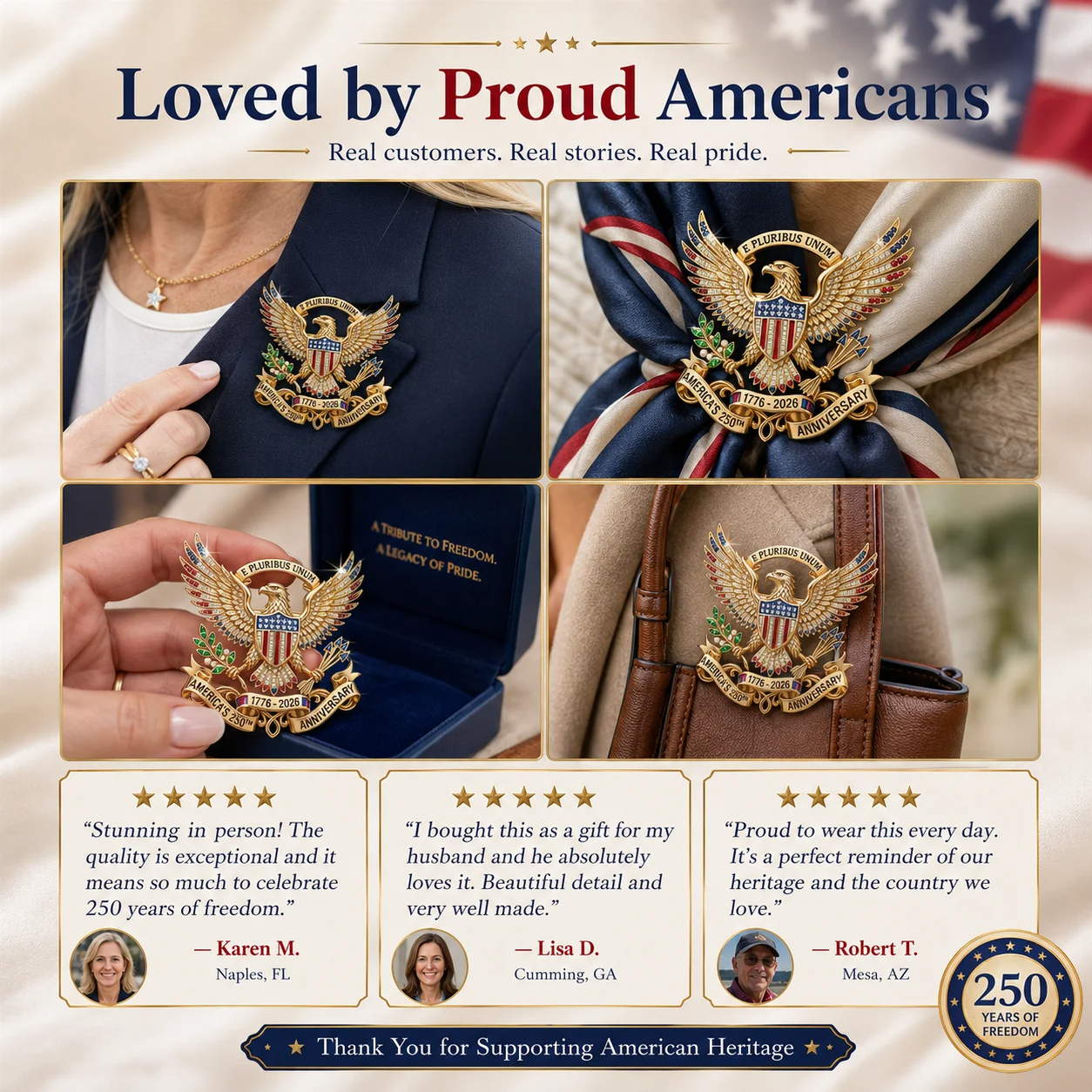 🇺🇸 America’s 250th Anniversary Eagle Brooch Pin – 1776–2026 Patriotic Keepsake Gift-Box Edition