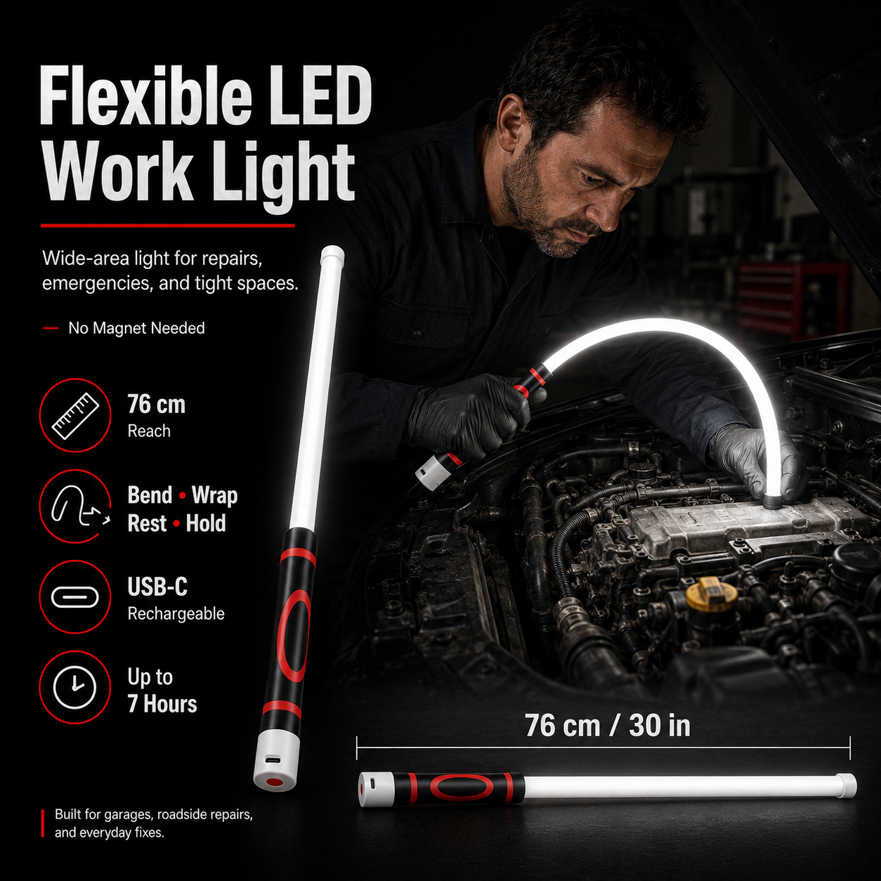 Bendable Rechargeable LED Work Light with Optional Clip for Garage, Car & Emergency Use