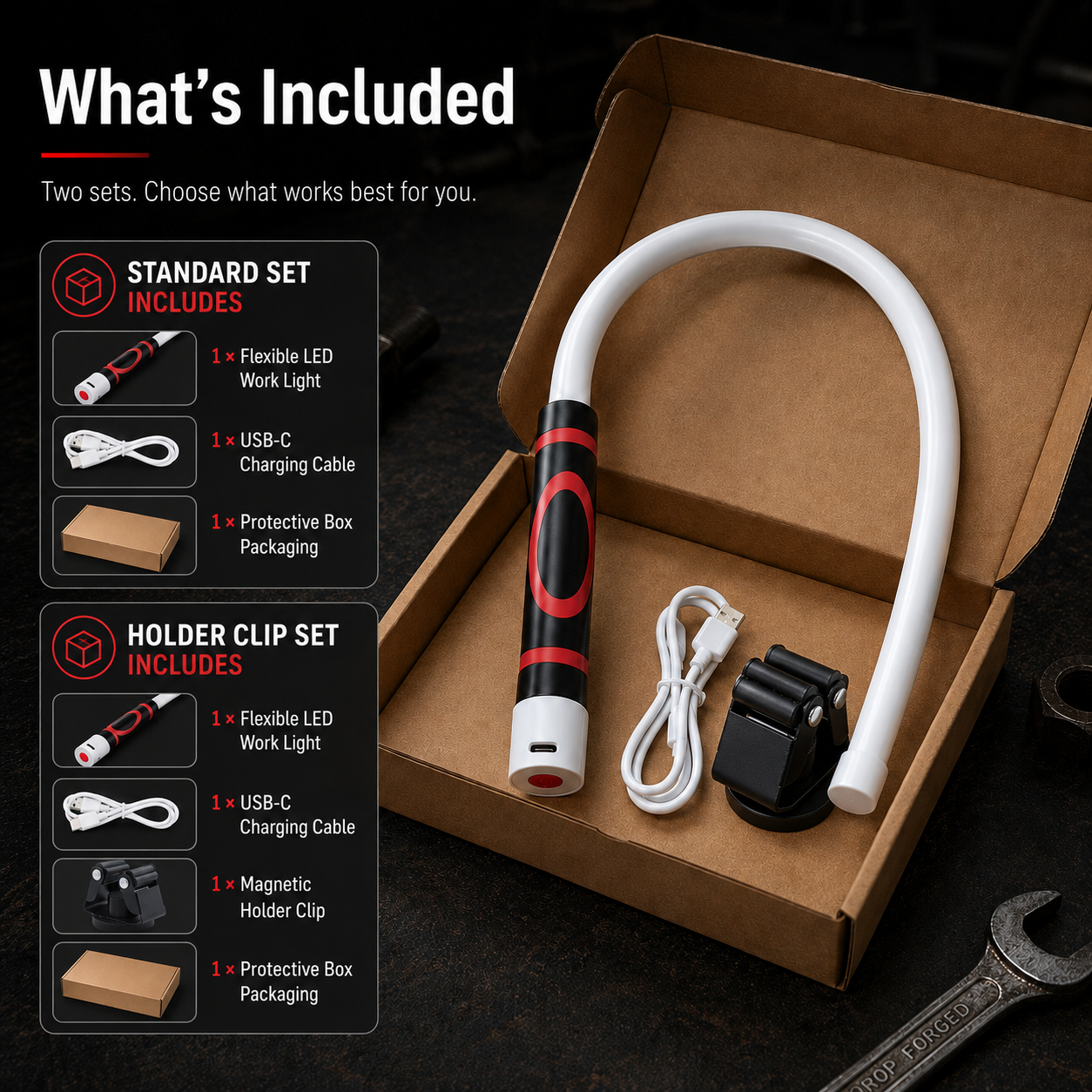 Bendable Rechargeable LED Work Light with Optional Clip for Garage, Car & Emergency Use