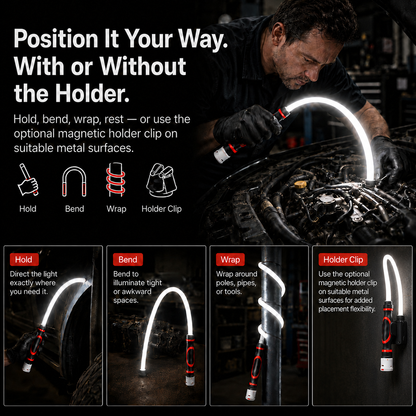 Bendable Rechargeable LED Work Light with Optional Clip for Garage, Car & Emergency Use